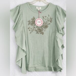 Umgee Sage Green Waffle Knit Flutter Sleeve Top NWT